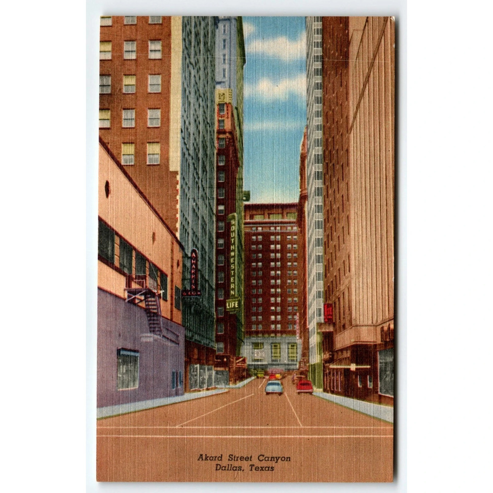 Akard Street Canyon Dallas Texas Linen Postcard Curt Teich Southwestern Life